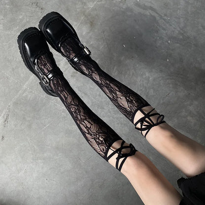 Chic Split Toe Socks With Strappy Lace Fishnet Stockings JK Lolita Knee High 😺🧦✨