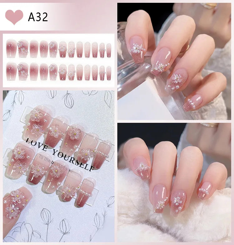 Kawaii Blush Pink 3D Bowknot & Pearl Press-On Nails 💖✨ | 24pcs Adorable Fake Nail Tips for Cute DIY Manicures!