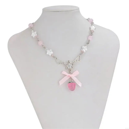 White Pentagram Strawberry Choker Necklace With Bowknot Charm 🍓🎀