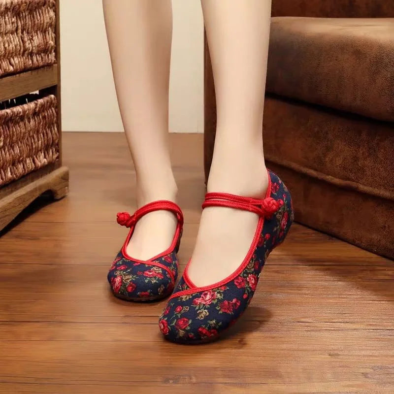 Retro Red Embroidered Ballet Flats Women Casual Anti Skid Hemp Flat Shoes 👡🌸