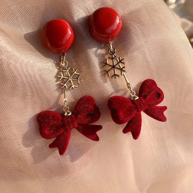 Christmas Red Bow Snowflake Drop Earrings For Women Long Party Jewelry Gift 🎀❄️✨