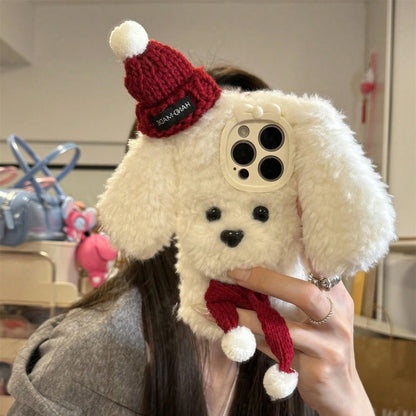 Kawaii Plush Puppy Hat & Scarf Phone Case for iPhone 16 Pro Max 🐶✨ Cute & Cozy Cell Phone Accessory!