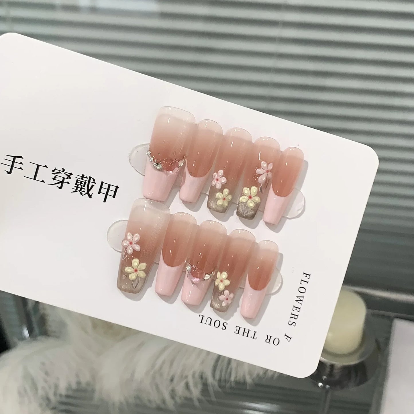 Kawaii Love Bow Rhinestone Press-On Nails 💖✨ | 10Pcs Handmade Coffin Nail Set for Adorable Manicures 💅🌟