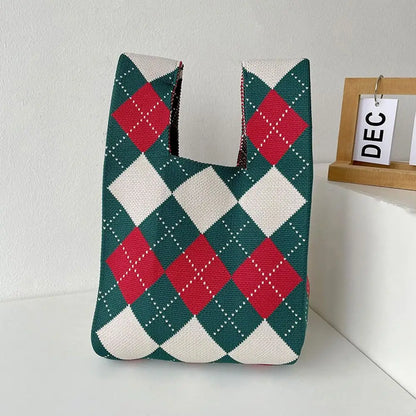 Kawaii Knitted Mini Tote Bag 👜✨ | Cute Plaid Handbag for Women | Stylish & Versatile Reusable Shopping Bag 🌈💖