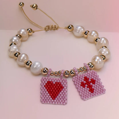 Woven Pearl Cross Heart Bracelet Beaded Miyuki Boho Christian Religious Charm Jewelry Womens 2023 Fashion Love Blessing Gift
