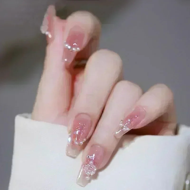 Kawaii Blush Pink Glitter Cat Eye Press-On Nails 💖✨ | 24Pcs Cute Coffin Full Cover Short Square Nail Art Tips