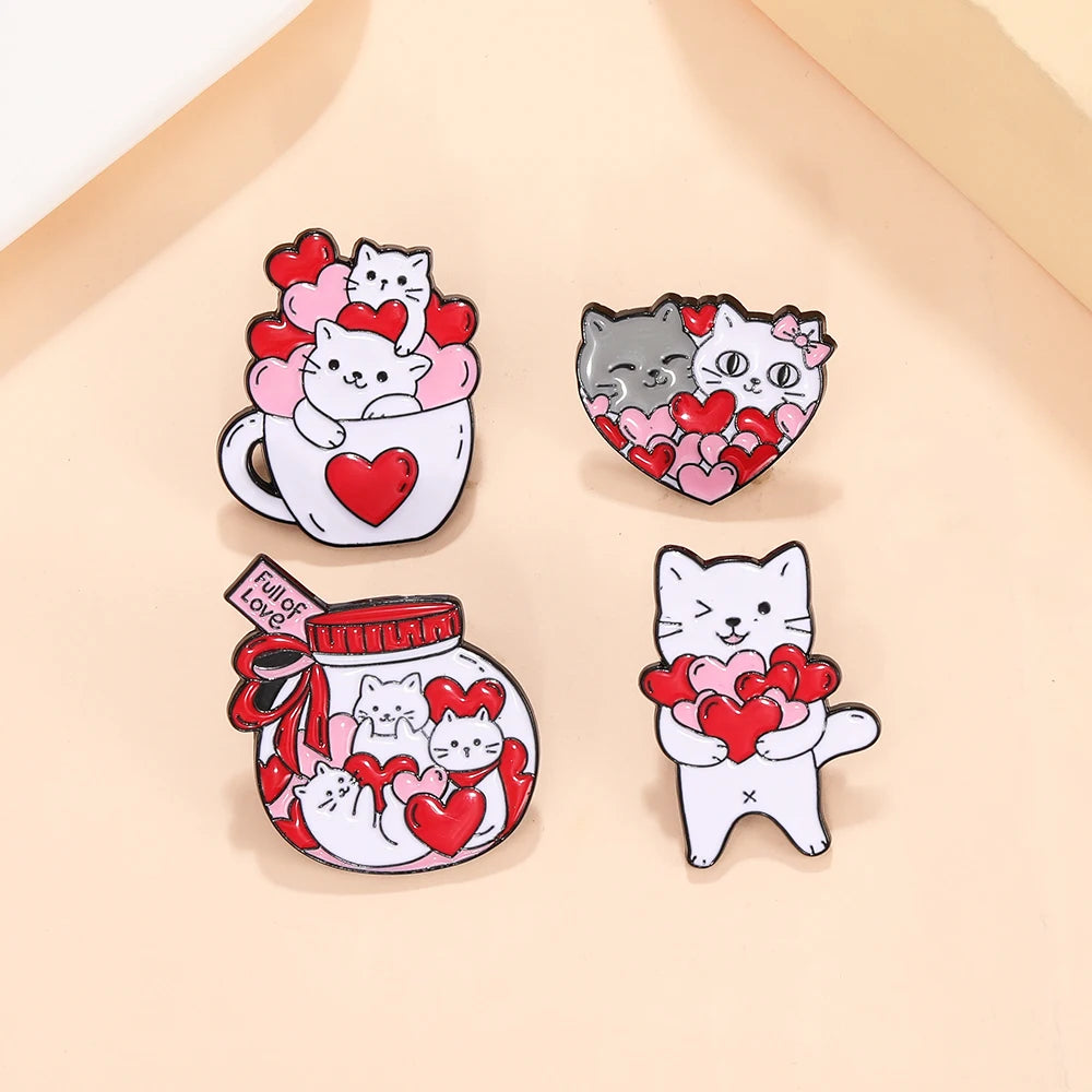 Charming Kawaii Cat Love Enamel Pins - Adorable White Kitten Heart Brooches for Pet Lovers 💖🐾✨