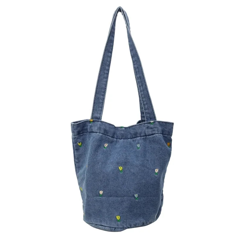 Kawaii Embroidered Denim Bucket Bag 🌸✨ - Trendy Large Capacity Shoulder Tote for 2024!