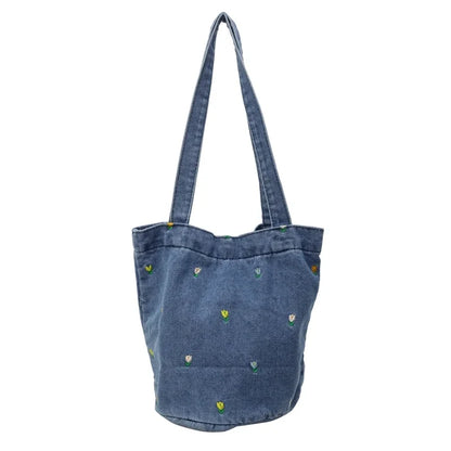 Kawaii Embroidered Denim Bucket Bag 🌸✨ - Trendy Large Capacity Shoulder Tote for 2024!