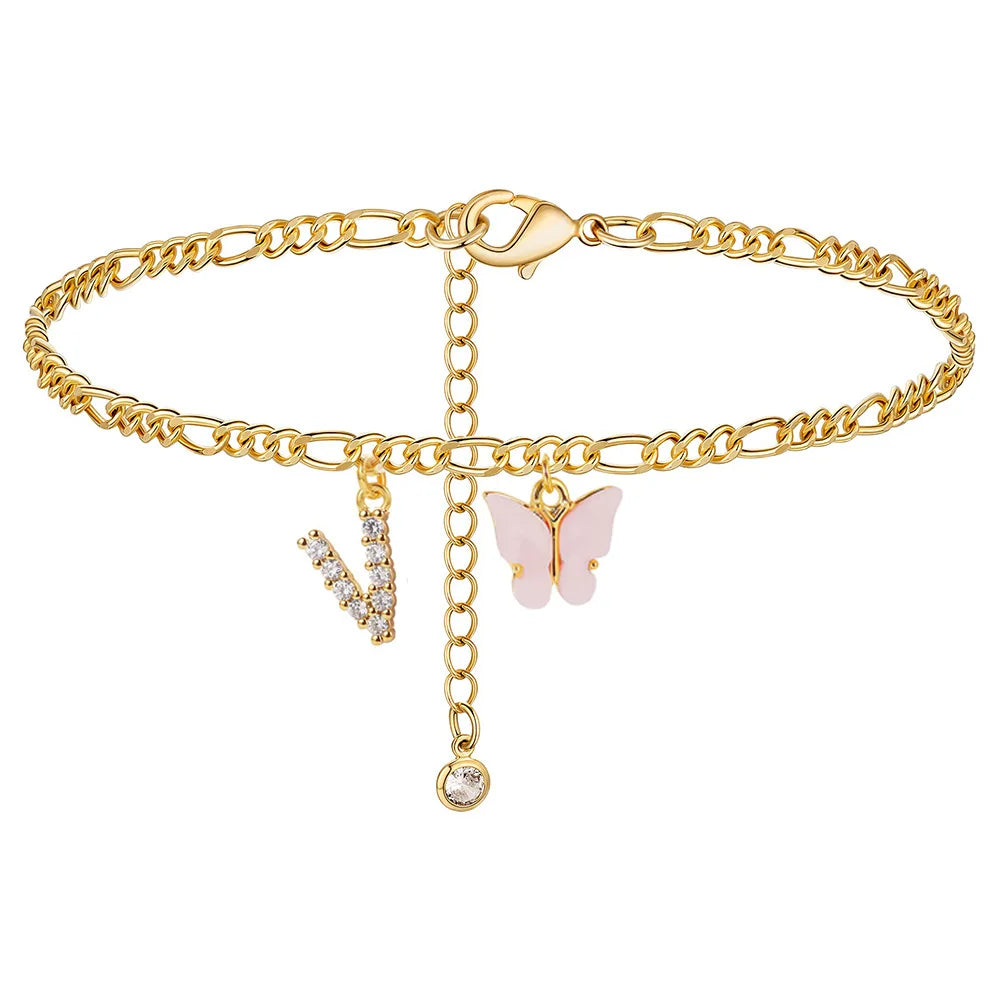 Kawaii Butterfly Initial A-Z Anklets 🌈✨ Waterproof Leg Chains for Trendy Girls | Cute Jewelry Gift for Parties 🦋💖