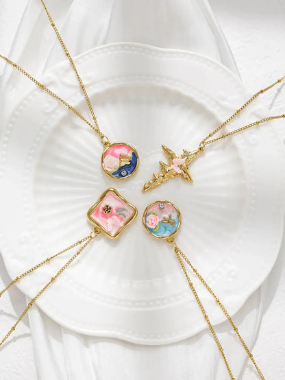 Women's Stainless Steel Gold Necklace With Pearl Zircon Flower Pendant Dripping Enamel Art Jewelry 💖🌸
