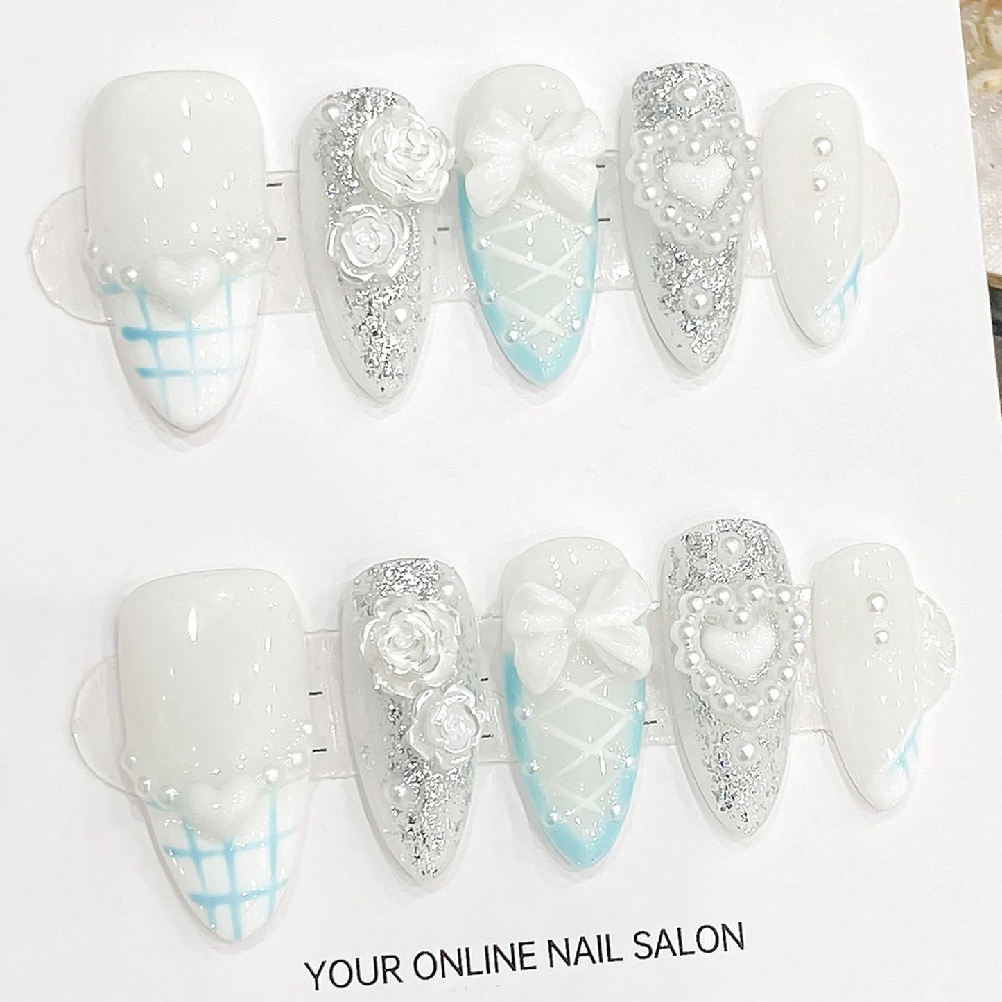 Kawaii Light Blue Bear & Cat Press-On Nails 🐾✨ | Cute Almond Shaped Fake Nails with French Pearls 💖 | Perfect for Parties & DIY Manicures!