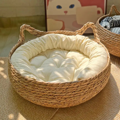 🌟 Cozy Rattan Cat Cuddle Basket 🐾 Soft & Snuggly Donut Bed for Your Furry Friend! 🌙