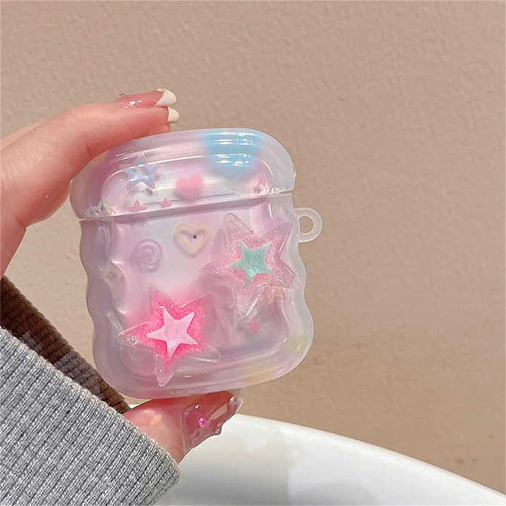 Korean Cute 3D Pink Star Wavy Border Headphones Case For AirPods 1 2 3 With Love Heart Bead Pendant Soft Cover For AirPods Pro 2 - Pixie Quill