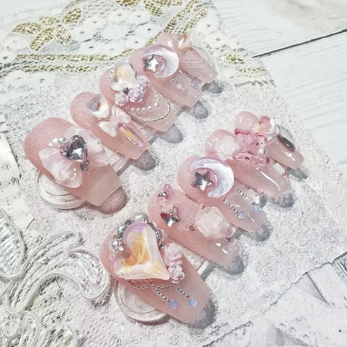 Kawaii 3D Press-On Nails Set 💖✨ - 10Pcs with Love Hearts, Moon, Butterfly & Rhinestones 🌙🦋 - Perfect for Nail Art Lovers!