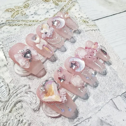 Kawaii 3D Press-On Nails Set 💖✨ - 10Pcs with Love Hearts, Moon, Butterfly & Rhinestones 🌙🦋 - Perfect for Nail Art Lovers!