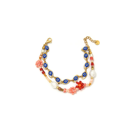 Stainless Steel Evil Eye Pearl Double Layer Bracelet For Women Enamel Rice Beads Jewelry With Lucky Turkish Charm 🧿✨💎