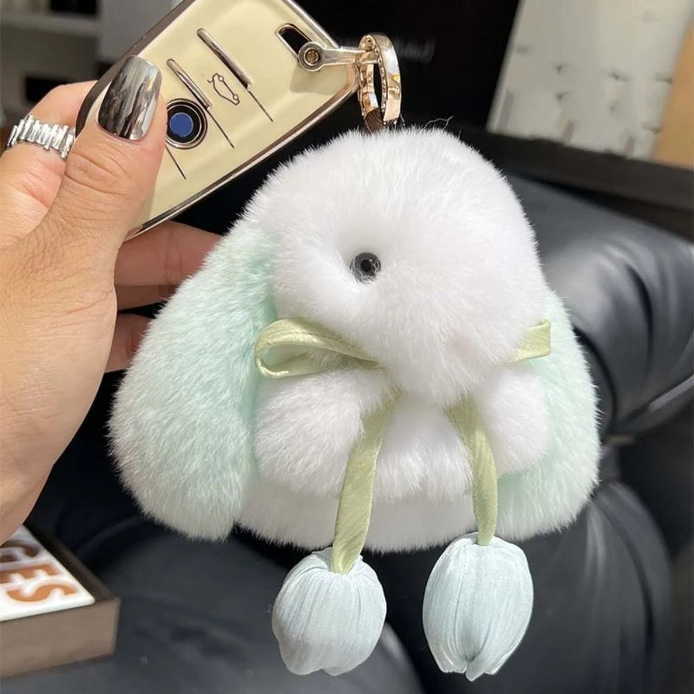 Fashion Tulips Rabbit Fur Keychain Alloy Ring Bag Charm Plush Bunny Pendant 🐰✨