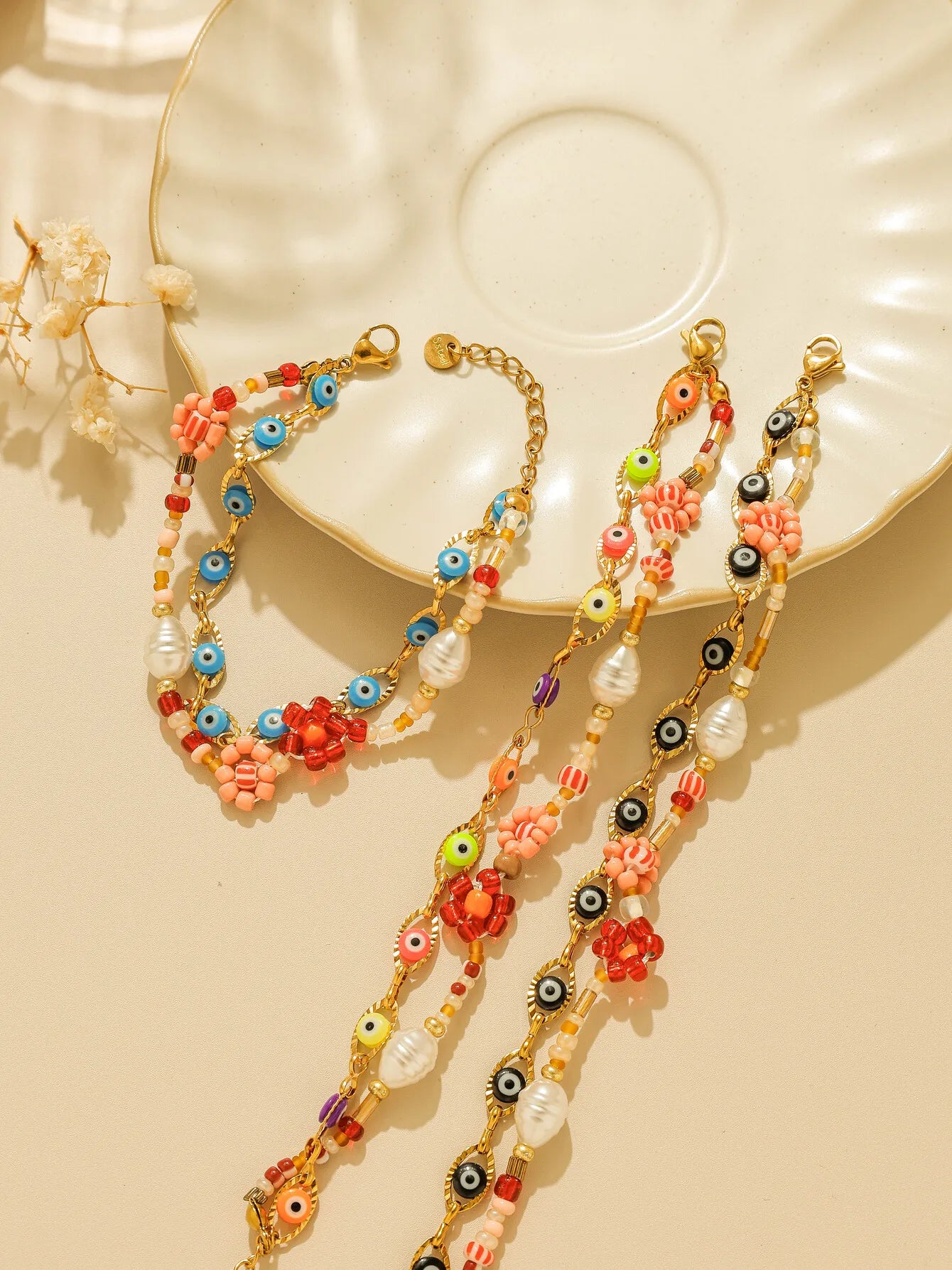 Stainless Steel Evil Eye Pearl Double Layer Bracelet For Women Enamel Rice Beads Jewelry With Lucky Turkish Charm 🧿✨💎