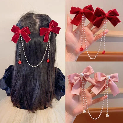 Kawaii Pearl Bow & Tassel Hair Clips 🎀✨ Cute Velvet Hair Claw for Little Princesses 👸🌟 Adorable Fashion Accessories!