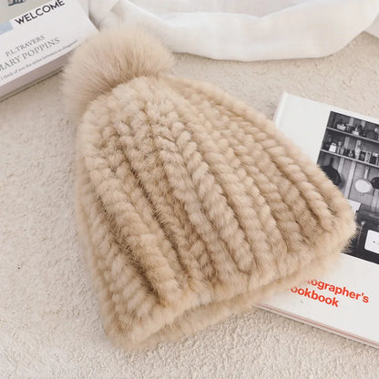Fluffy Real Mink Fur Hat For Women With Fox Fur Pom Poms ❄️ Cozy Winter Beanie
