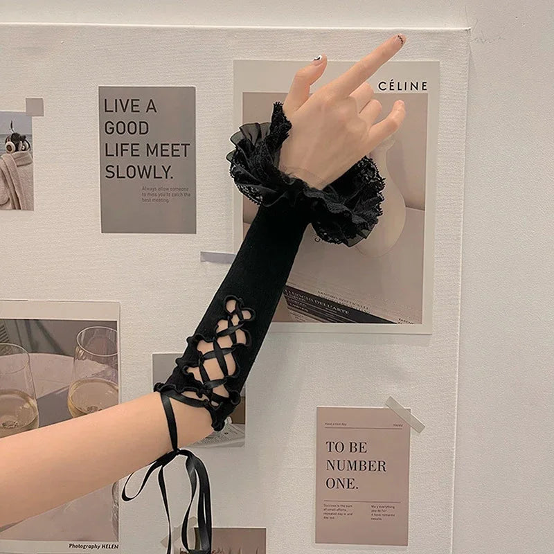 Pastel Y2K Lolita Lace Arm Warmers Fingerless Gloves Elbow Length Style 😊✨