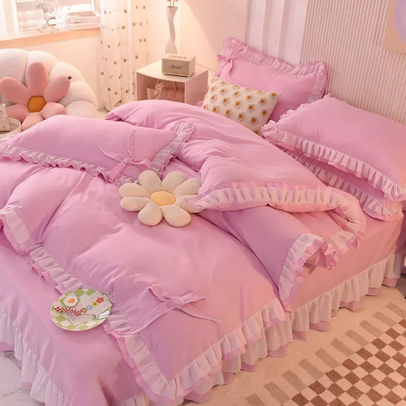 🌟 Kawaii Green Seersucker Bedding Set 🌙 4-Piece Princess Duvet & Pillowcase - Cute Home Decor! 🛏️💚