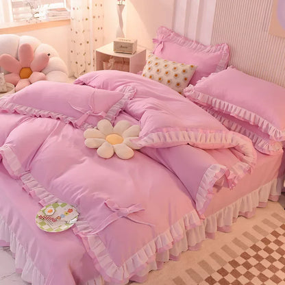 🌟 Kawaii Green Seersucker Bedding Set 🌙 4-Piece Princess Duvet & Pillowcase - Cute Home Decor! 🛏️💚