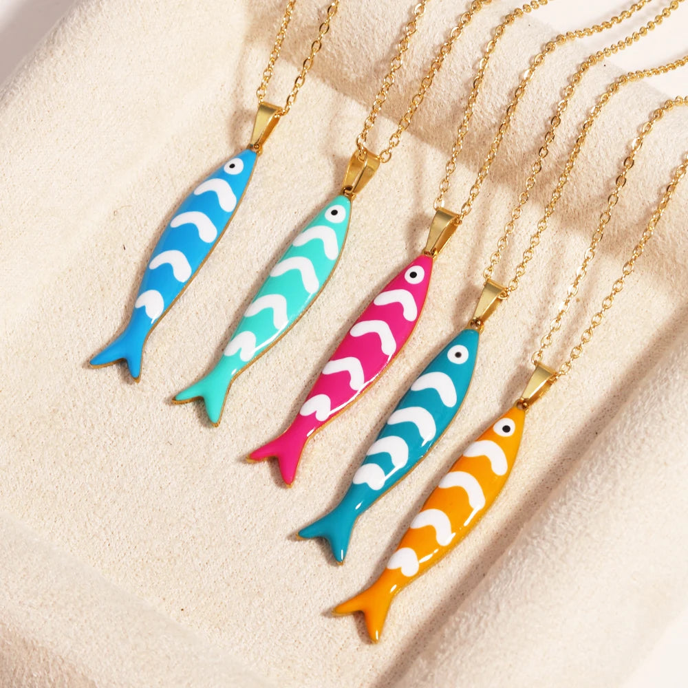 Cute Colorful Enamel Fish Pendant Necklace For Women Waterproof Gold Tone 🐟💖🌊