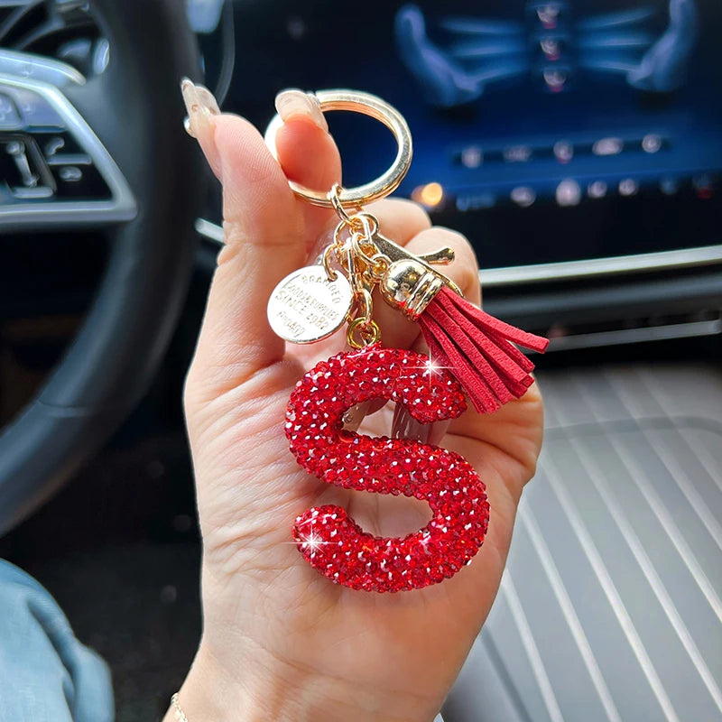 Red English Letter Car Keychain With Diamond Bag Pendant 🗝️💎✨