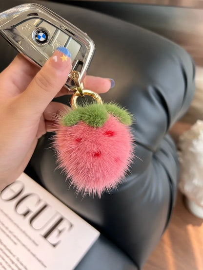 Adorable Kawaii Strawberry Mink Fur Keychain 🍓✨ - Fluffy Bag Charm & Cell Phone Pendant for Women! 👜💕