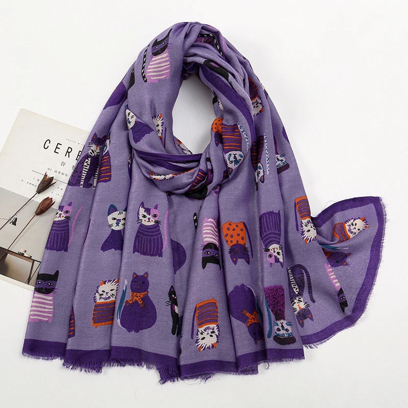 Playful Cat Print Fringed Scarf Women Cotton Viscose 180x85 Cm 🐈✨