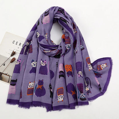 Playful Cat Print Fringed Scarf Women Cotton Viscose 180x85 Cm 🐈✨