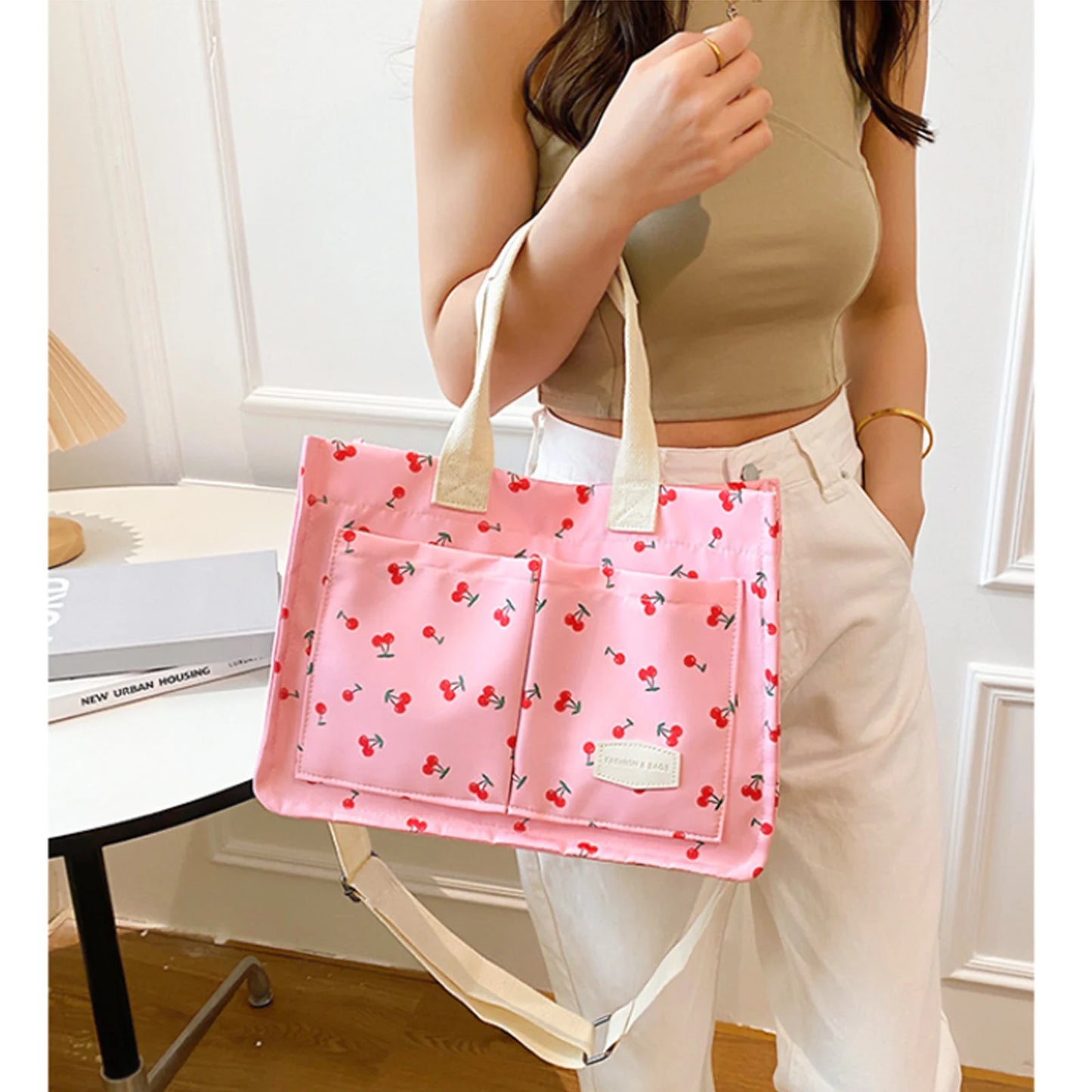 Kawaii Cherry Blossom Tote Bag 🍒✨ - Cute Multi-Pocket Canvas Handbag for Women | Perfect for Work & Travel ❤️👜