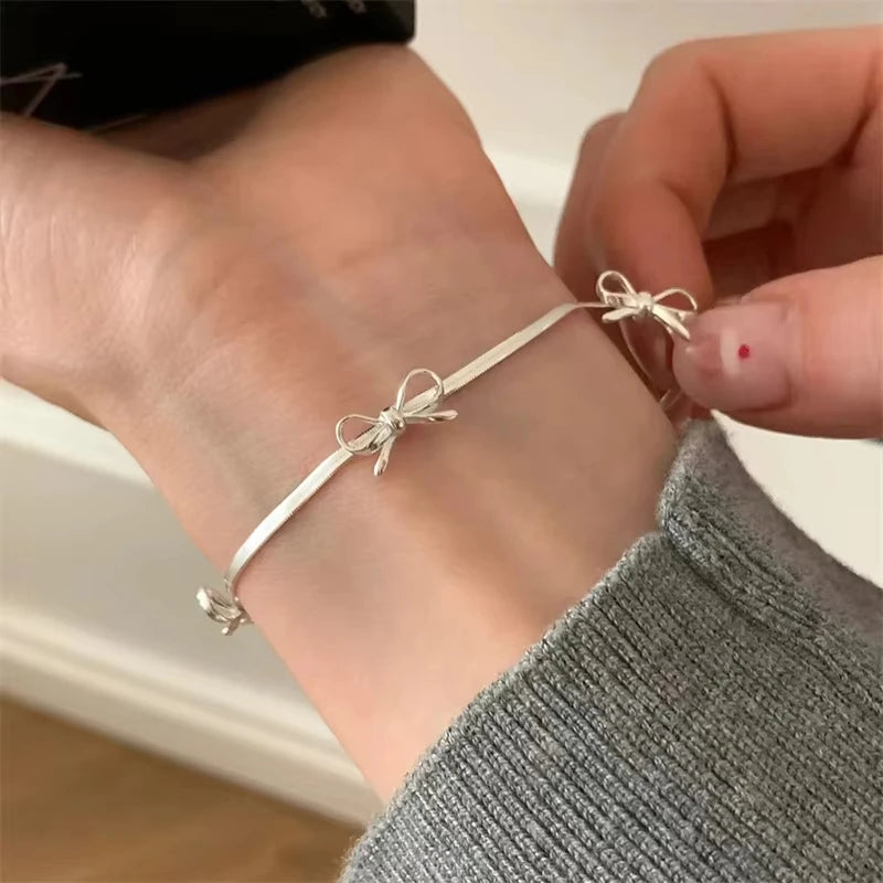 Sweet Bow Snake Chain Bracelet Women Girls Sparkling Ribbon Bowknot Jewelry ✨🎀