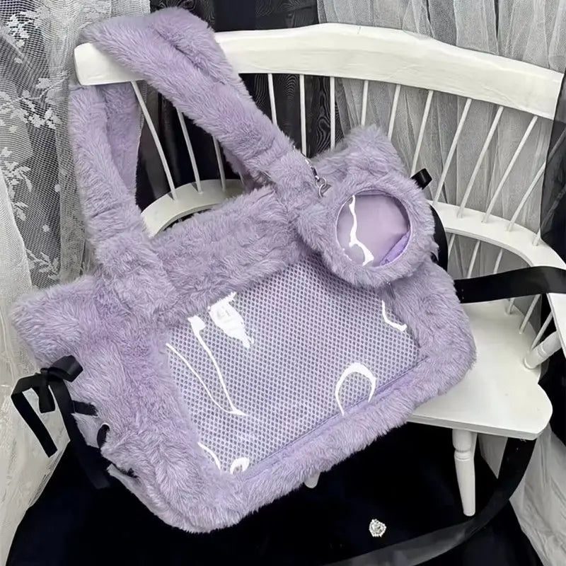 Kawaii Dreams: 3D Bow-Adorned Plush Ita Bag with Transparent Pockets 🦄✨