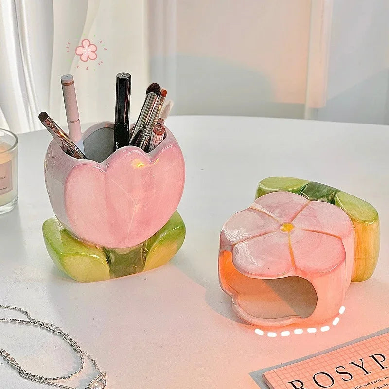Kawaii Ceramic Flower Pen Holder 🌸 Cute Girl Desktop Organizer 🖊️ Adorable Office Storage Box 💖