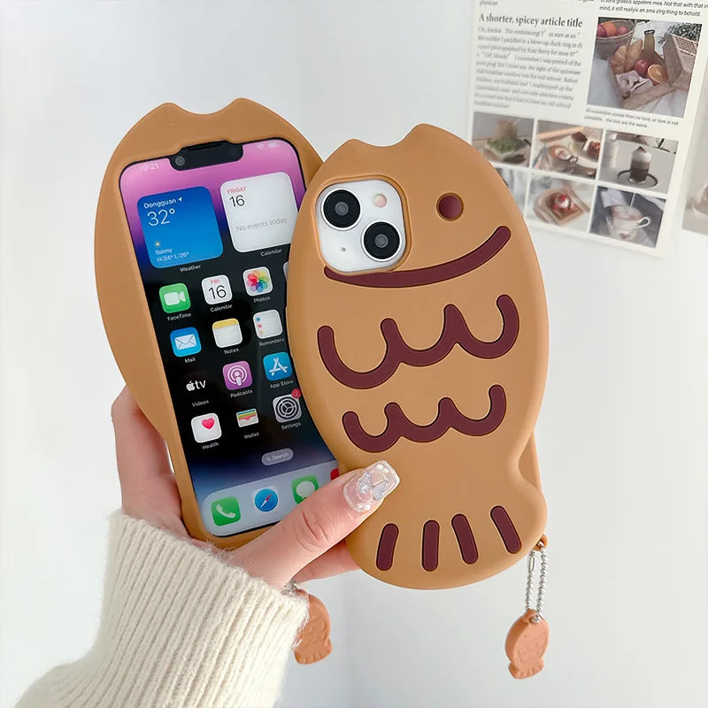 Adorable 3D Kawaii Taiyaki Fish Phone Case for iPhone 16/15/14/13/12/11 🐟💖 | Shockproof Soft Silicone Cover with Cute Animal Design!