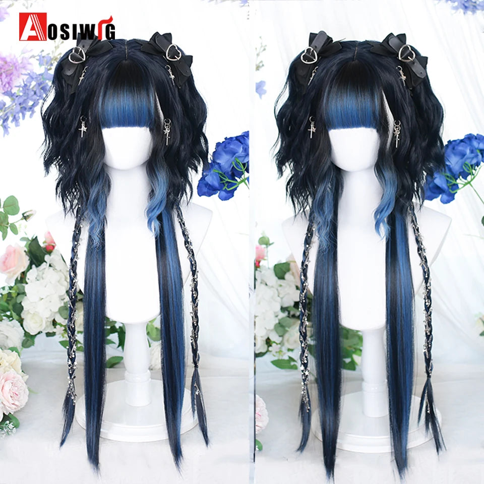 Kawaii Black & Blue Long Straight Lolita Wig 💖✨ Perfect for Cosplay & Parties! 🎉🎀