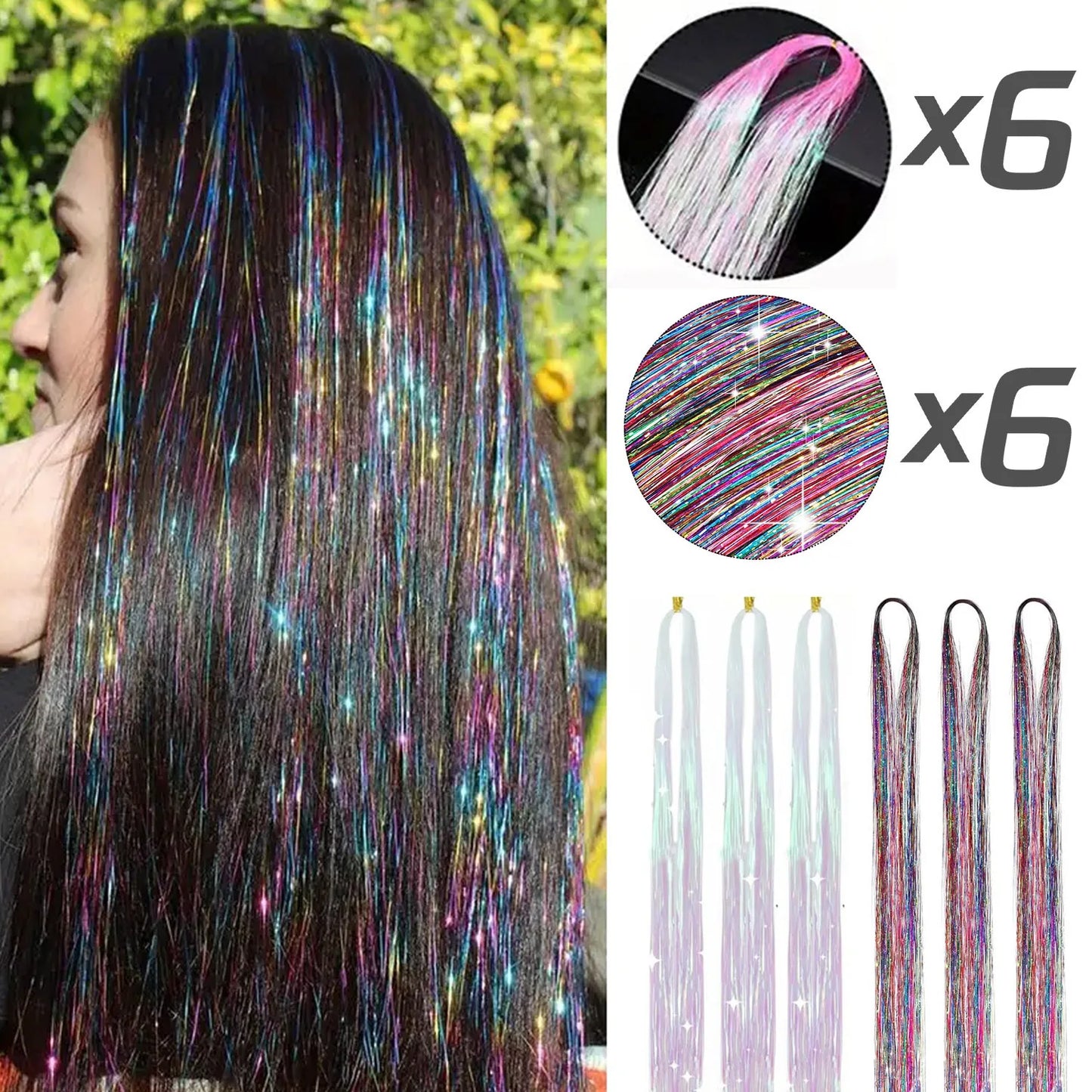 ✨Sparkly Fairy Hair Tinsel Set 🌈12 Shimmering Strands for Whimsical Hairstyles 🎉 Perfect for Parties & Festivals! 🦄✨