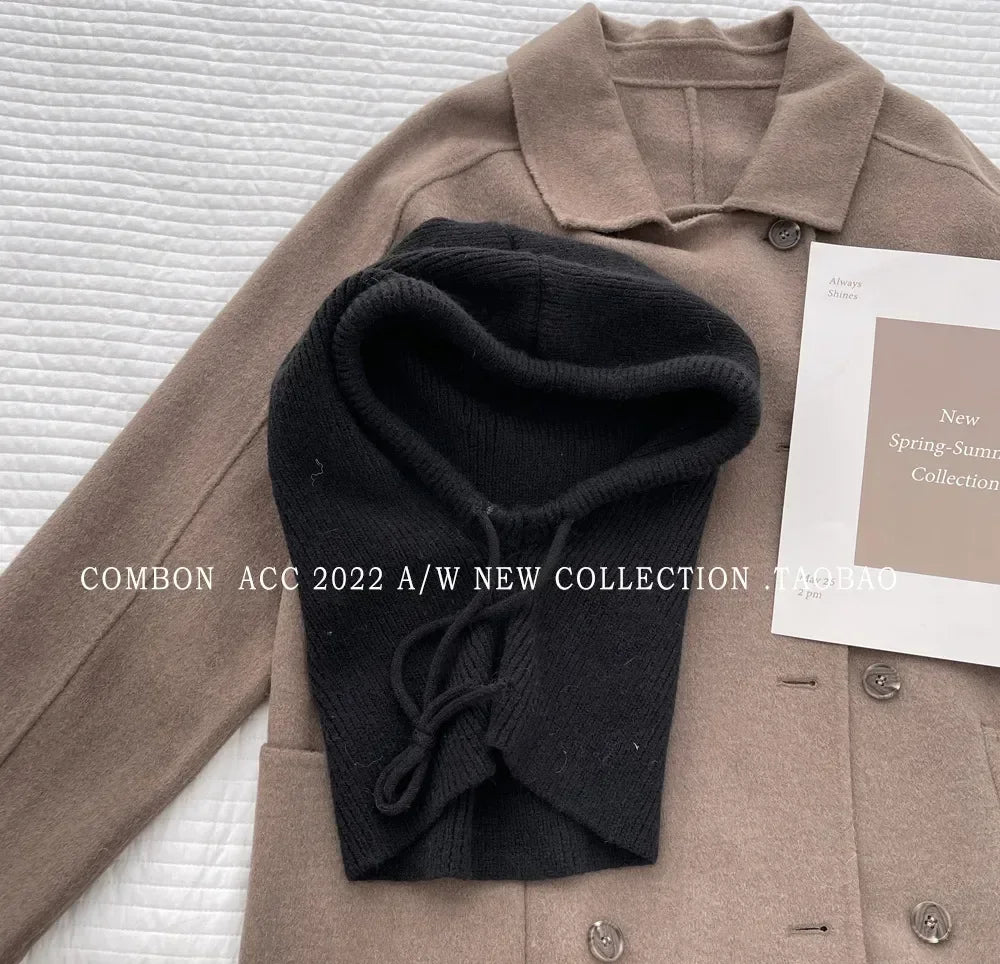 Knit Hooded Balaclava Beanie For Women Warm Winter Korean Style Drawstring 🐰