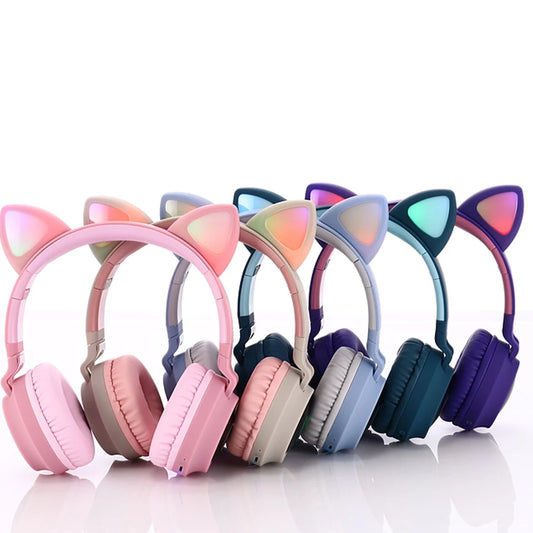 ✨ Kawaii Cat Ear Bluetooth Headphones 🎶 - Adorable LED Music Headset for Girls 💖 - Supports TF Card & FM Radio! 🌈