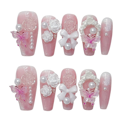 Kawaii Dream 🌸 10pcs 3D Butterfly & Rose Decor Press-On Nails 💅🏼 Long Ballet Style for Sweet Y2K Weddings & More!