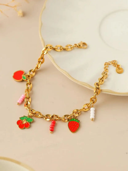 Sweet Charm Bracelet Strawberry Apple Cherry Natural Stone Pendant Jewelry Cute Accessory Girls Gift Party 🍓🍎🍒