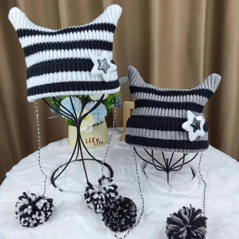 Y2K Cute Star Devil Knitted Beanie Hat Ins Skullies Striped Knitting Wool Cap Autumn Winter Cat Ears Pointed Pullover Women Hats