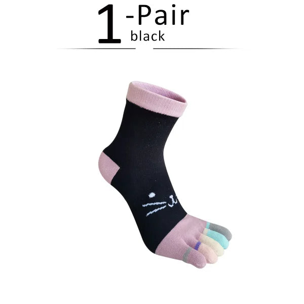 Kawaii Cat Cartoon Five Finger Socks 🐾🎨 | Soft & Colorful Women's Toe Socks for All Seasons 🌈✨