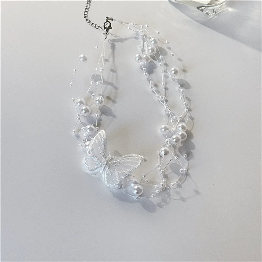 Kawaii Butterfly Choker Necklace with Imitation Pearls & Snake Chain ✨💖 Perfect for Party Vibes!