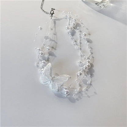 Kawaii Butterfly Choker Necklace with Imitation Pearls & Snake Chain ✨💖 Perfect for Party Vibes!