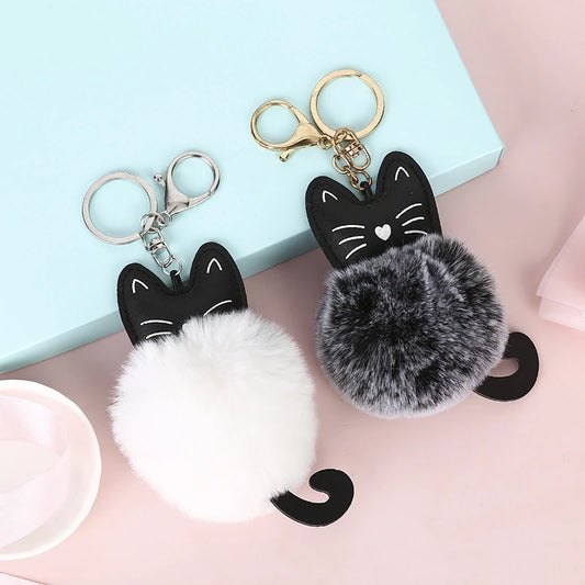 Kawaii Cat Pompom Keychain 🐾✨ Adorable Fur Ball Tail Accessory for Bags & Keys 💖 Perfect Gift for Cat Lovers!