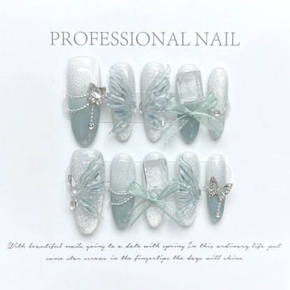 🌈✨ Kawaii Aurora Shell Design Press-On Nails - 10Pcs Long Almond Acrylic Nail Art with Jelly Glue! 💅🌟